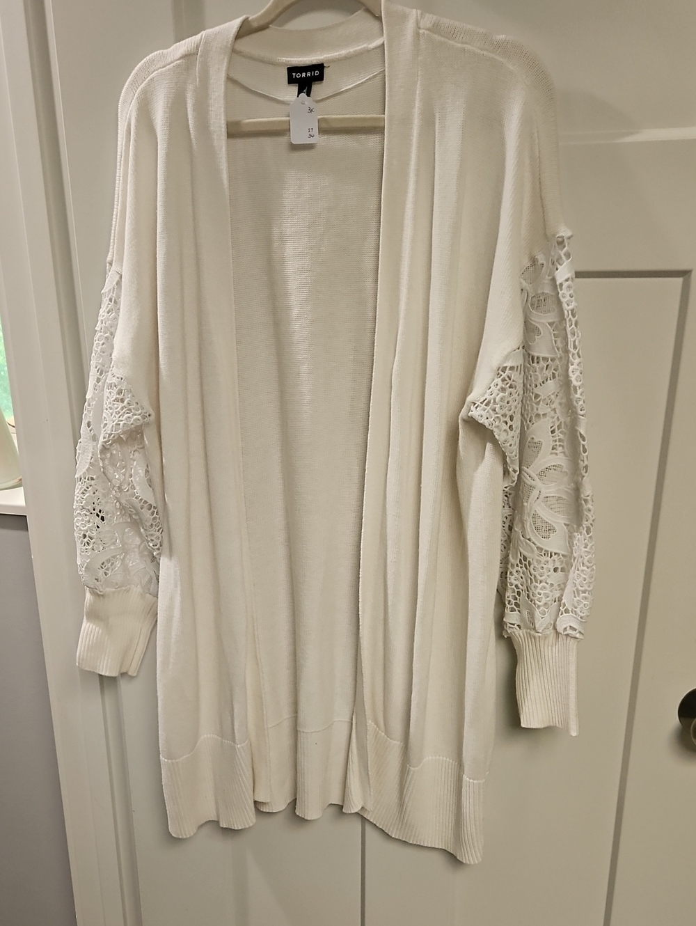 torrid cream open-front cardigan with crochet lace sleeves